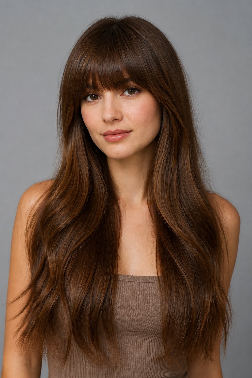 Long hair paired with a full fringe creates a soft, feminine look that is both timeless and on-trend.
