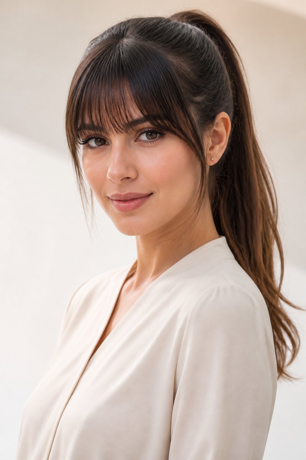 A ponytail with a full fringe is a classic combination that strikes the perfect balance between simplicity and style.