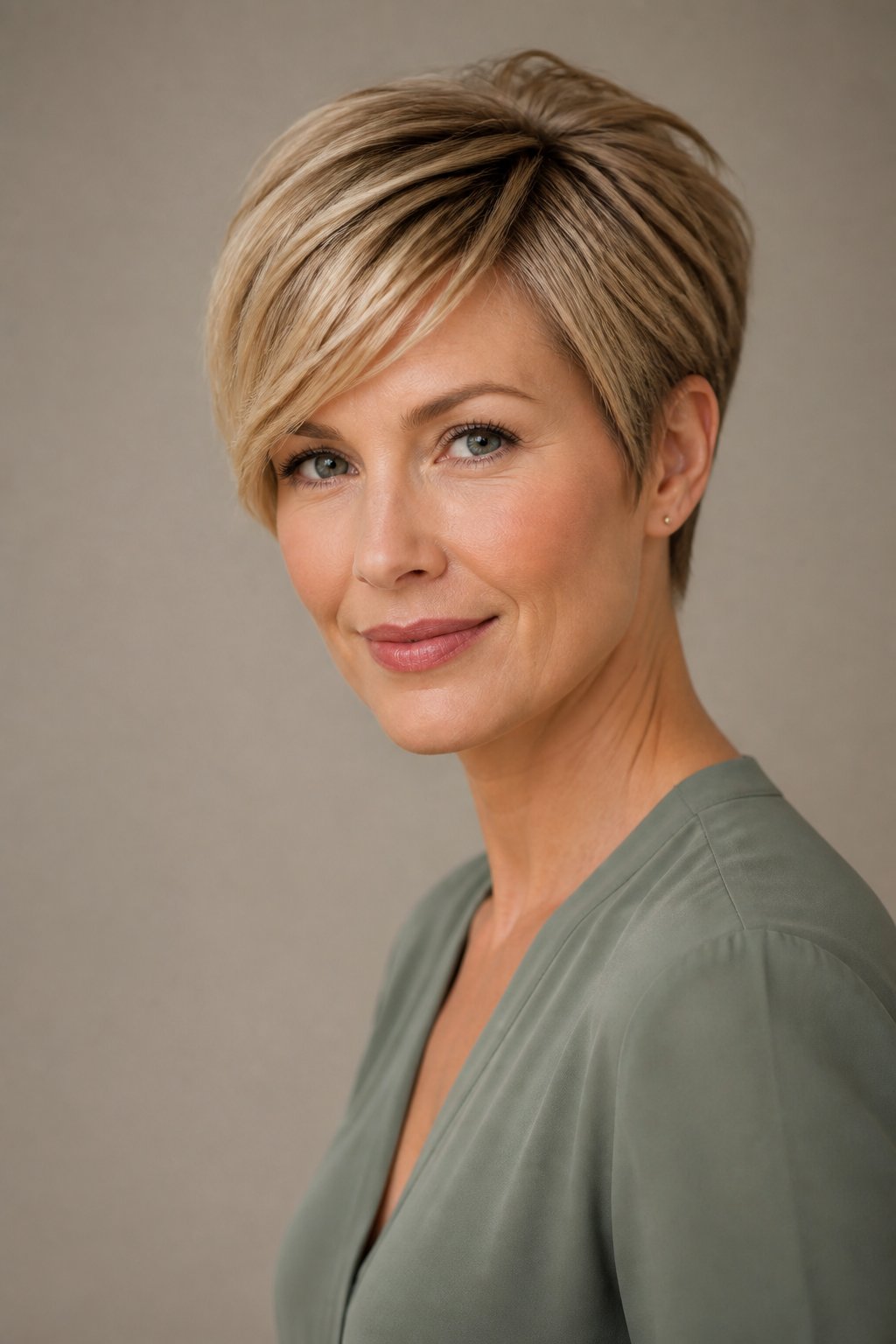 A pixie cut with side bangs looks soft and feminine.