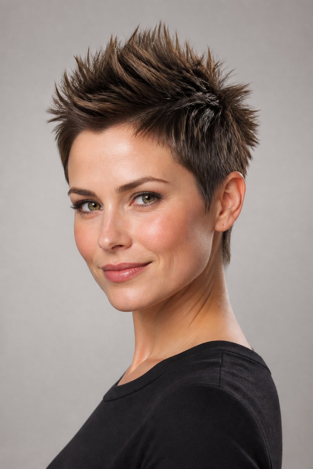 A spiky pixie cut channels a bold, rebellious energy through upward-styled points that create an eye-catching, textured silhouette.