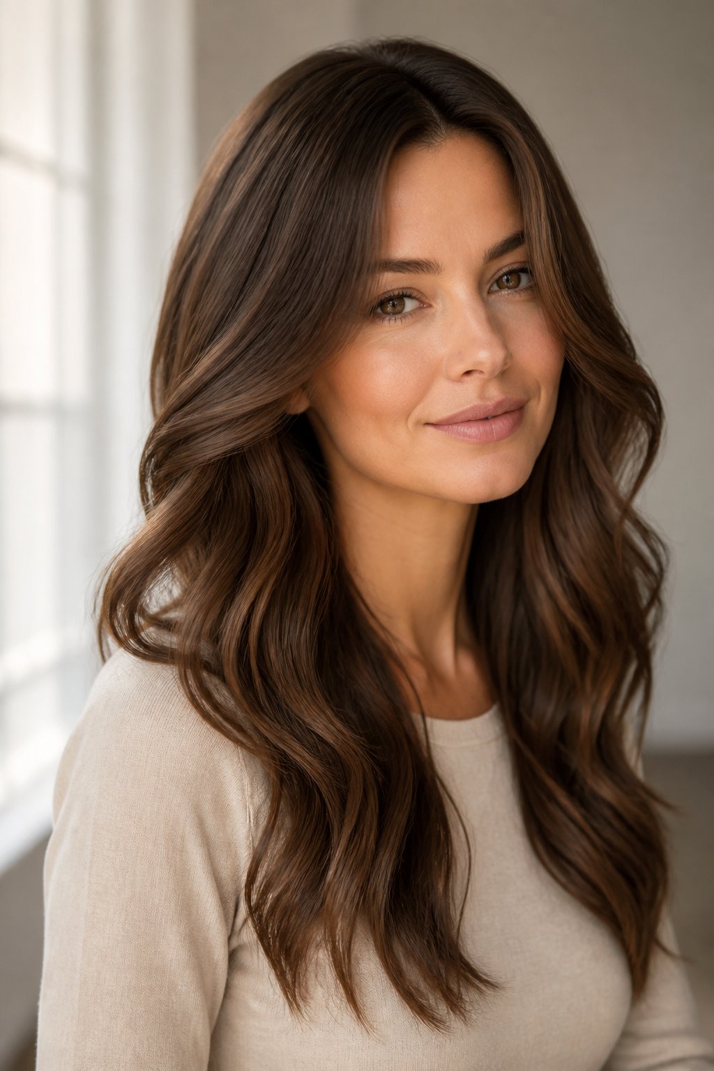 Classic mocha brown hair color with soft waves