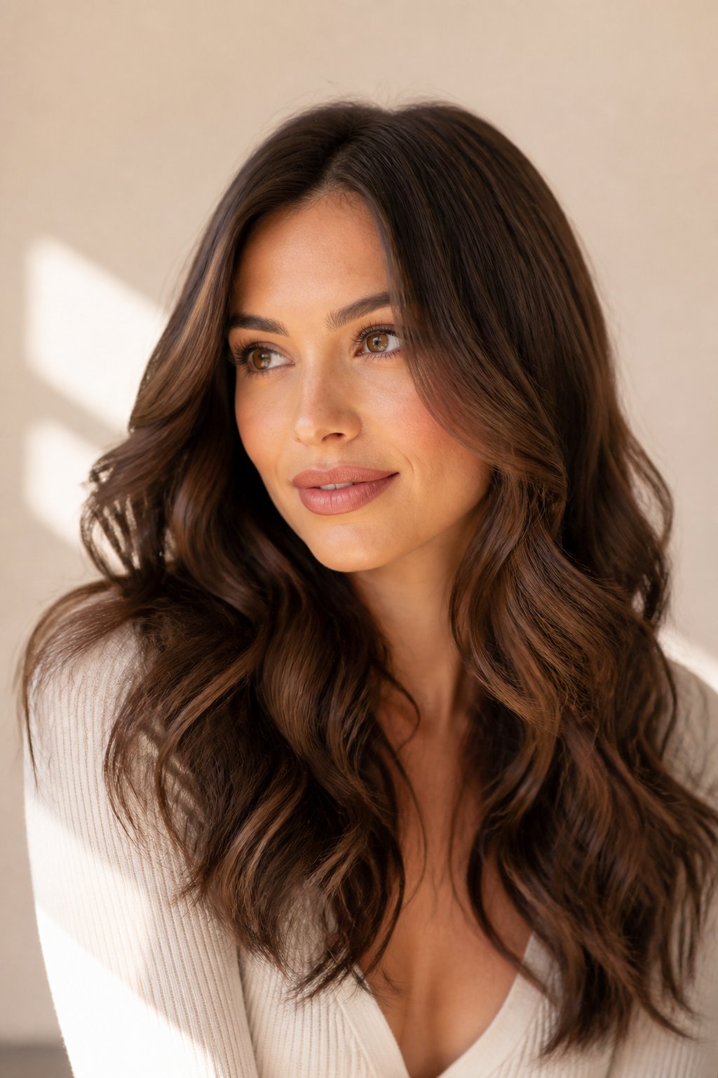 Mocha brown wavy hairstyle with soft voluminous curls