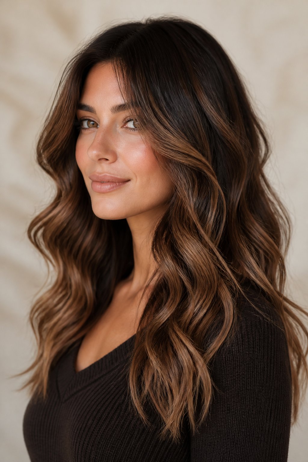 dark caramel balayage on long wavy hair