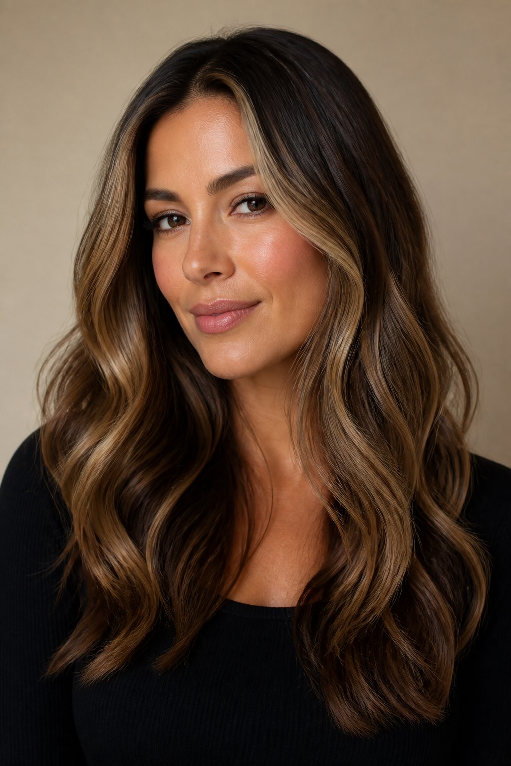 dark caramel balayage with face framing highlights