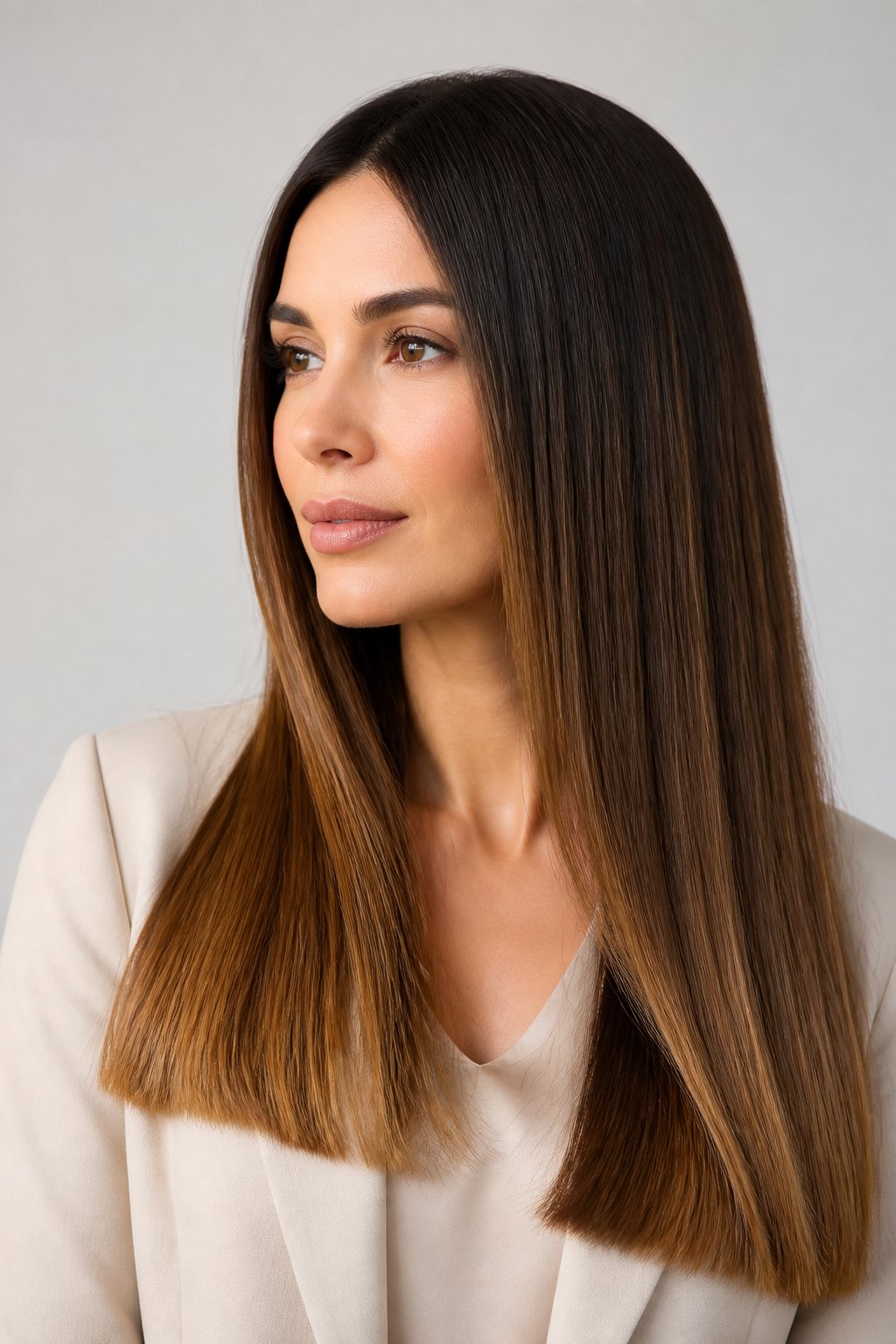 dark caramel balayage on straight brunette hair