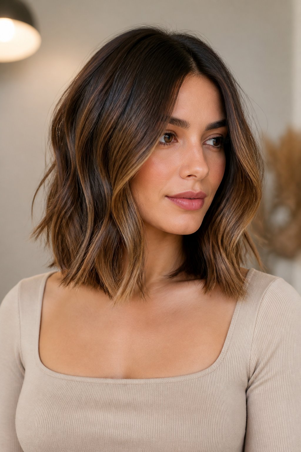 dark caramel balayage lob haircut