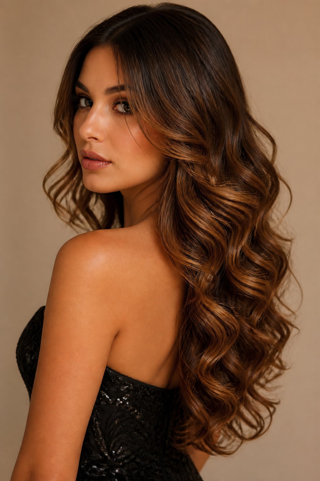 dark caramel balayage with soft curls