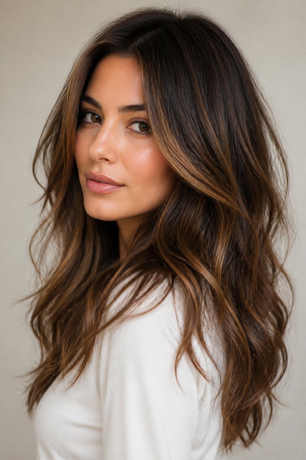 dark caramel balayage with layered brunette hair