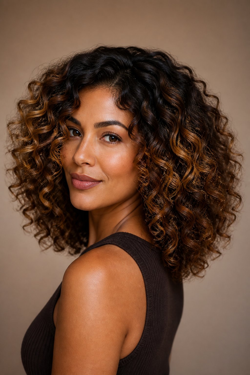 dark caramel balayage on curly brunette hair