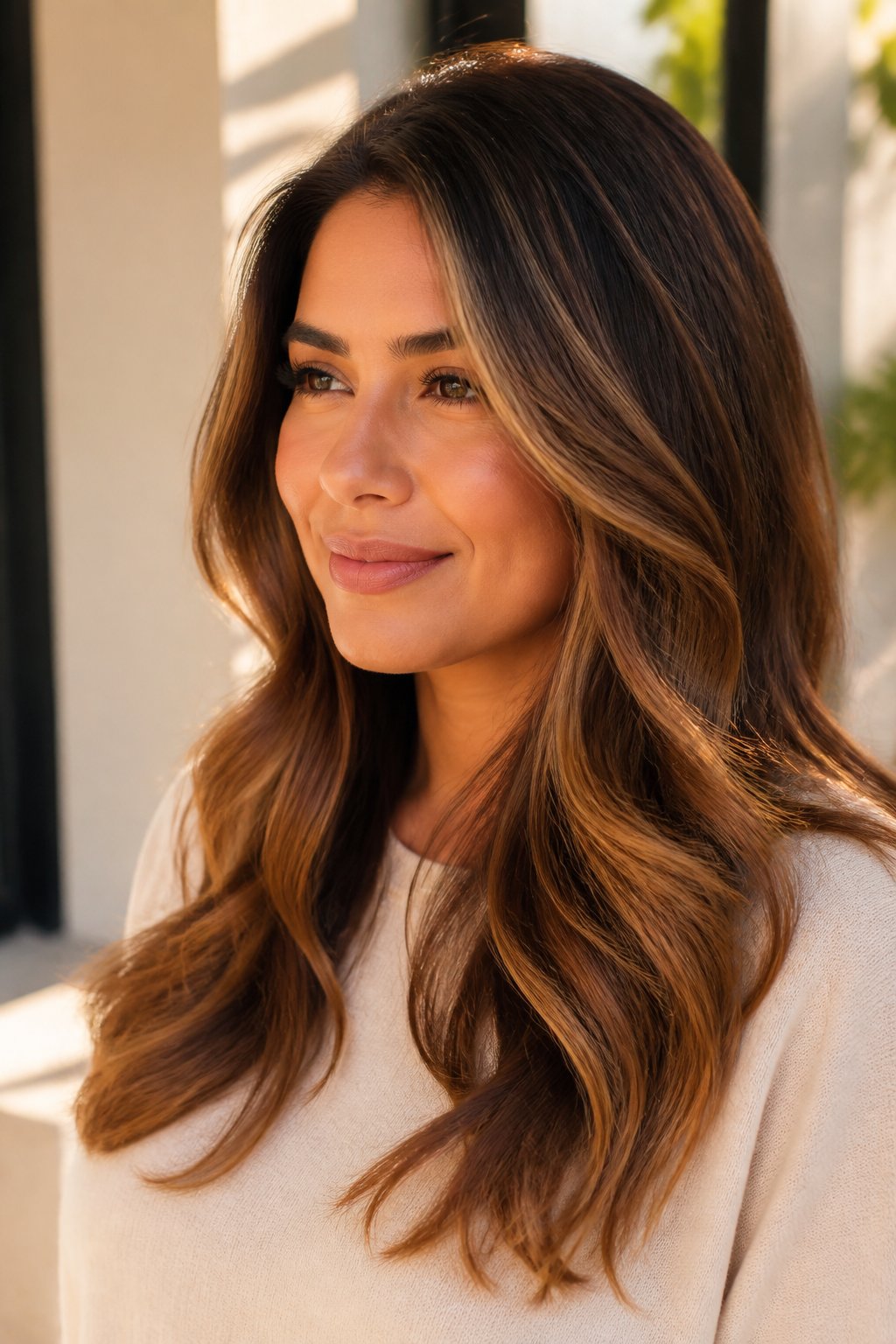 dark caramel balayage with honey tones