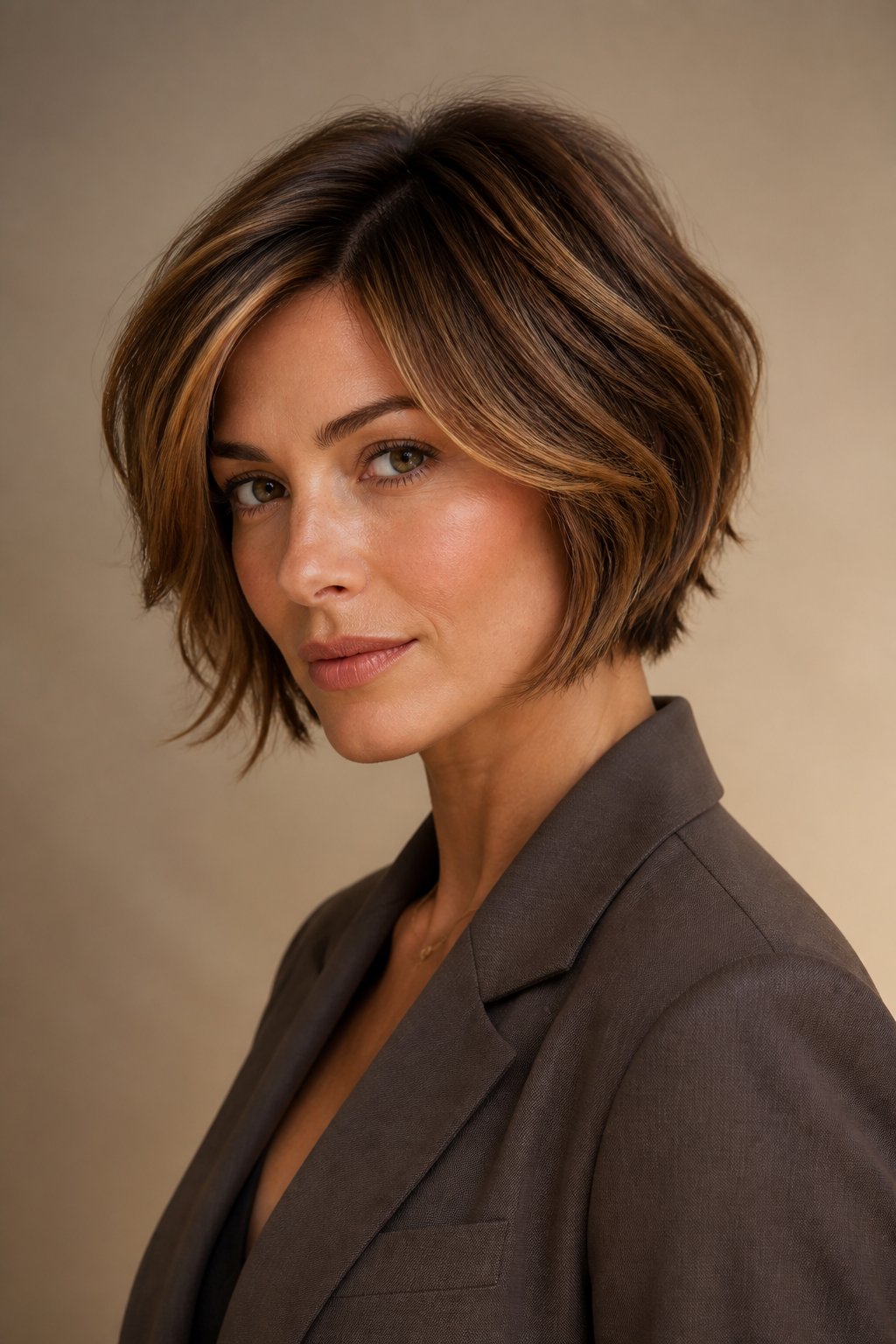 dark caramel balayage on short brunette hair