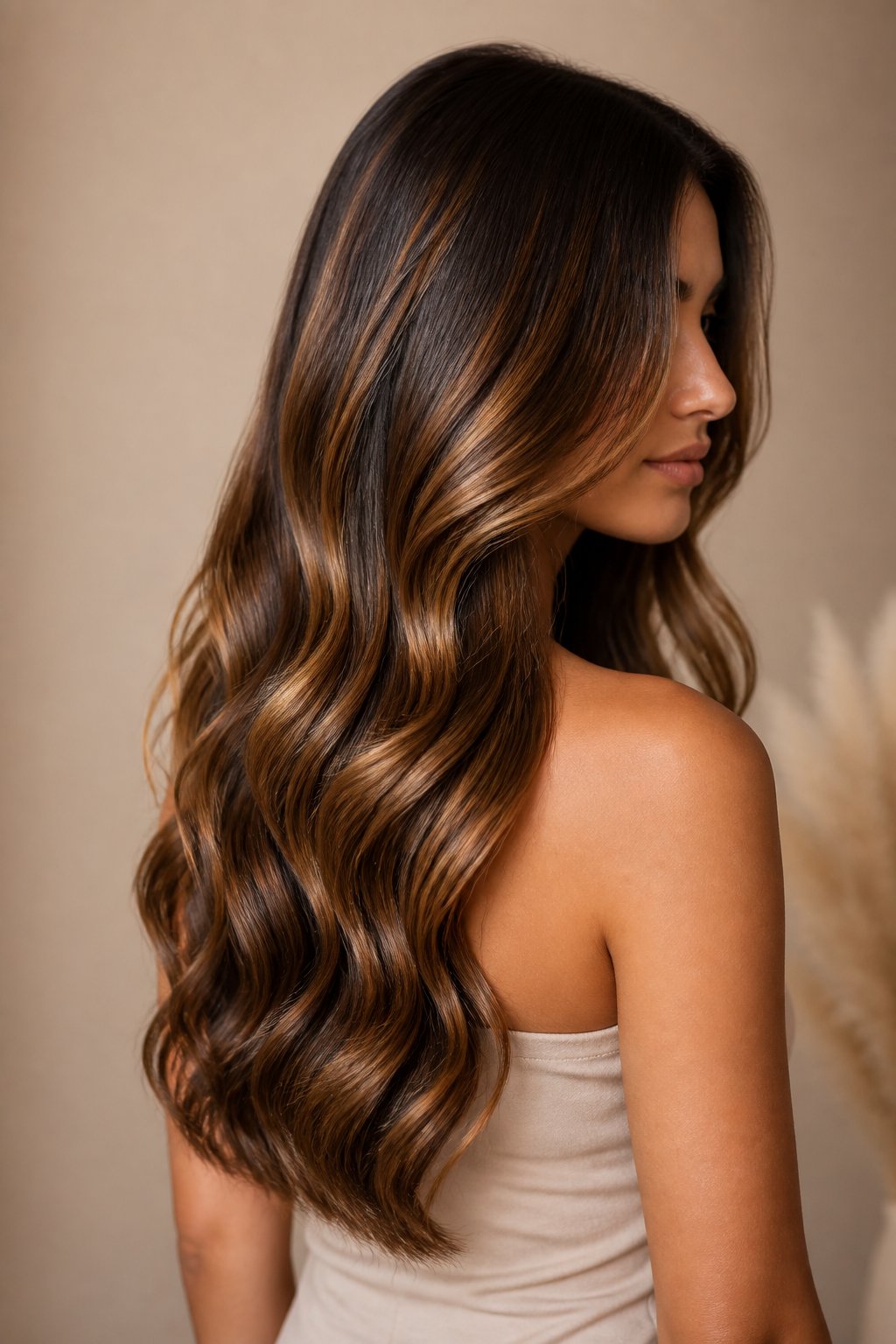 glossy dark caramel balayage on brunette hair