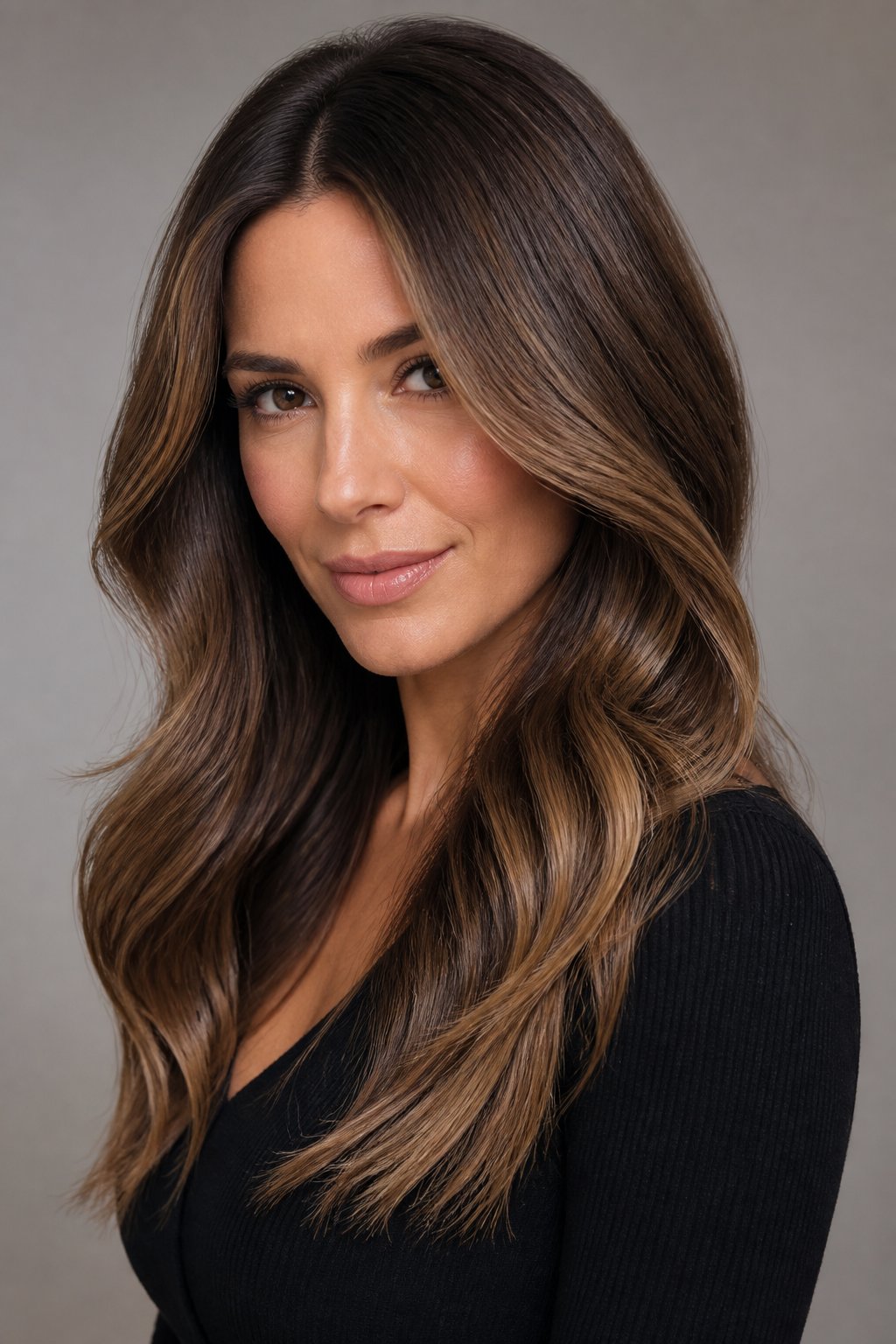 dark caramel balayage with ash brown blend