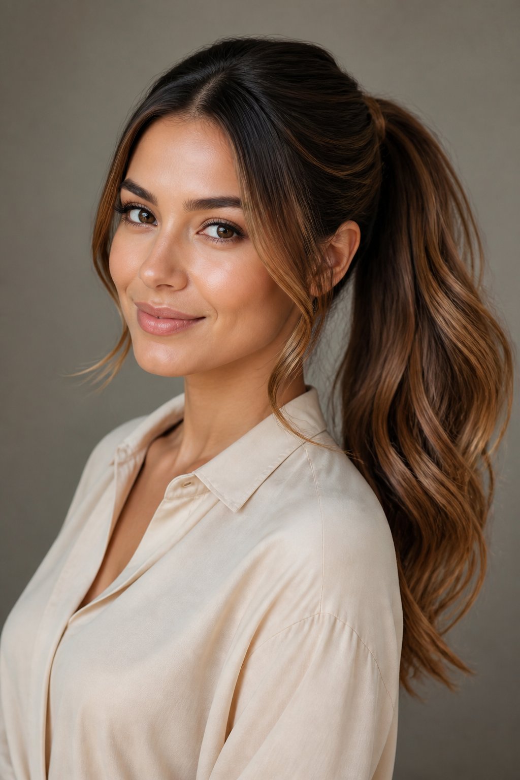 dark caramel balayage ponytail hairstyle