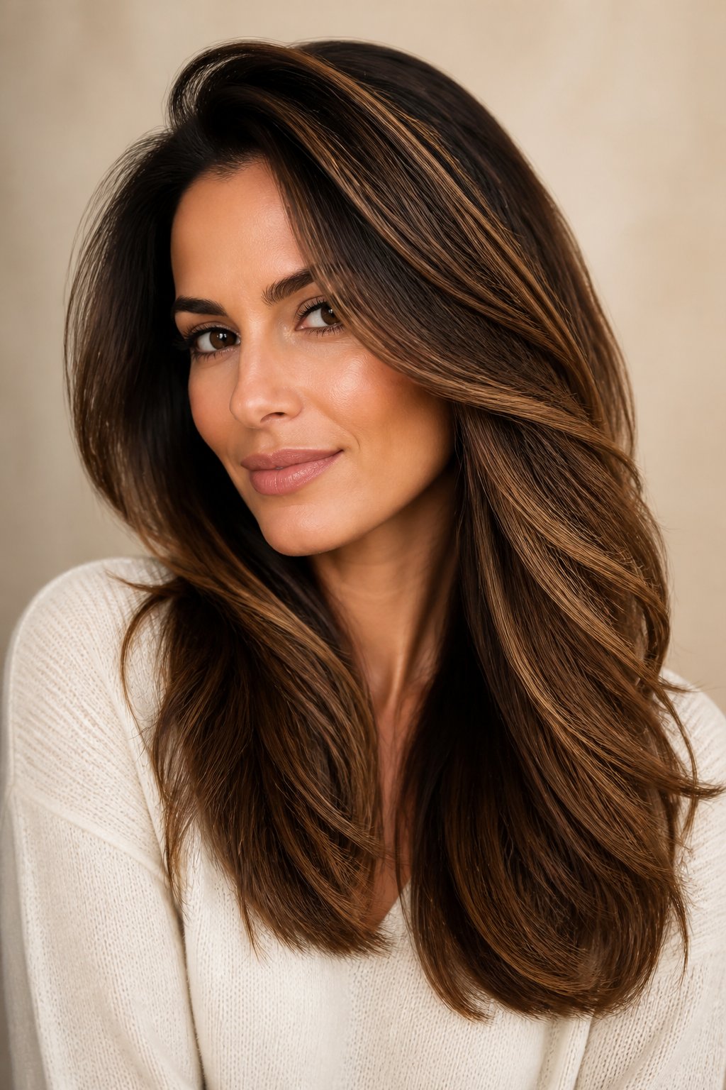voluminous dark caramel balayage hairstyle