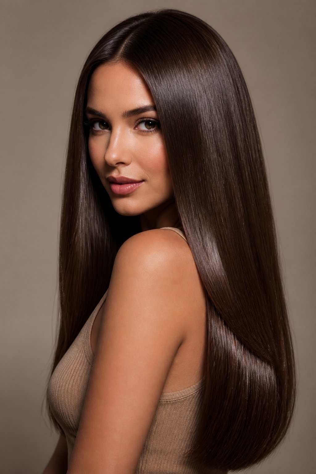 glossy mocha brown hair with smooth shine