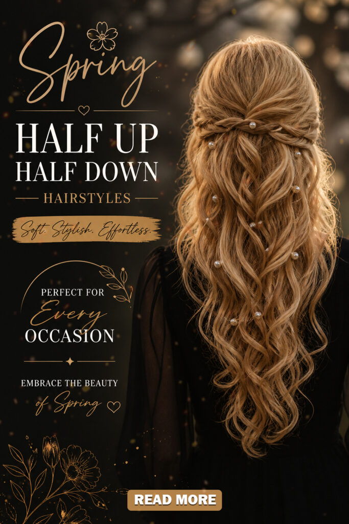 25 Half Up Half Down Spring Hairstyles 2026: Soft Crown Braid with Flowing Brunette Waves