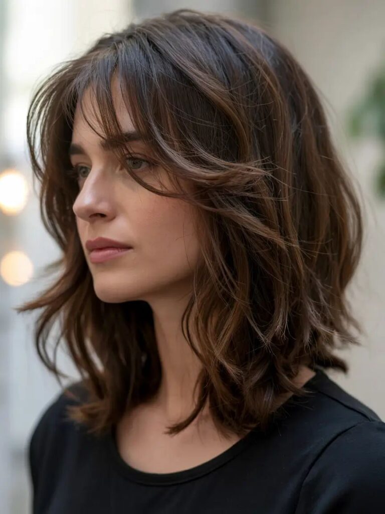 Medium shag haircut for chubby faces with soft layers