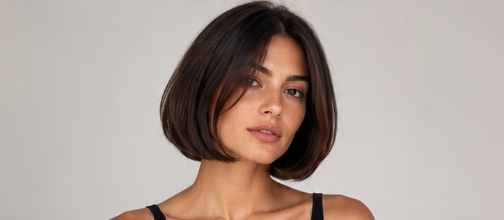 Realistic AI female image matching the italian bob with tucked ends.