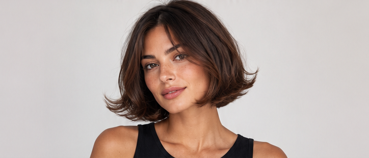 Realistic AI female image matching the italian bob with flipped ends.