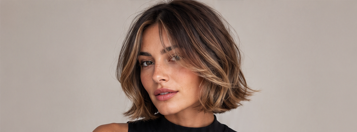 Realistic AI female image matching the italian bob with balayage.