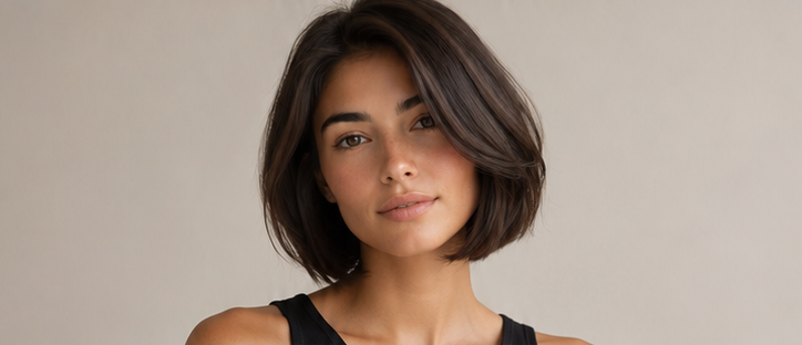Realistic AI female image matching the italian bob for round faces.