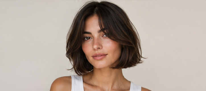 Realistic AI female image matching the italian bob with curtain bangs.