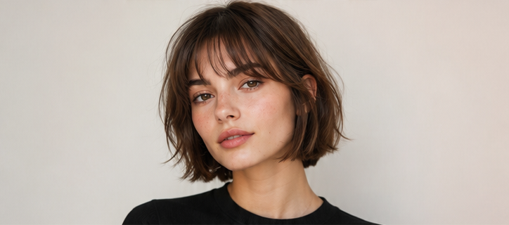 Realistic AI female image matching the italian bob with wispy bangs.