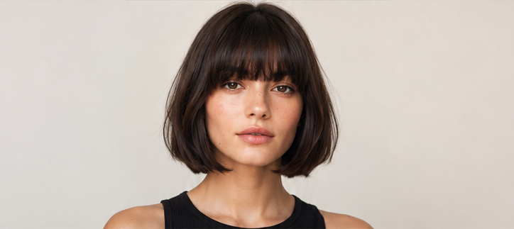 Realistic AI female image matching the italian bob with full bangs.
