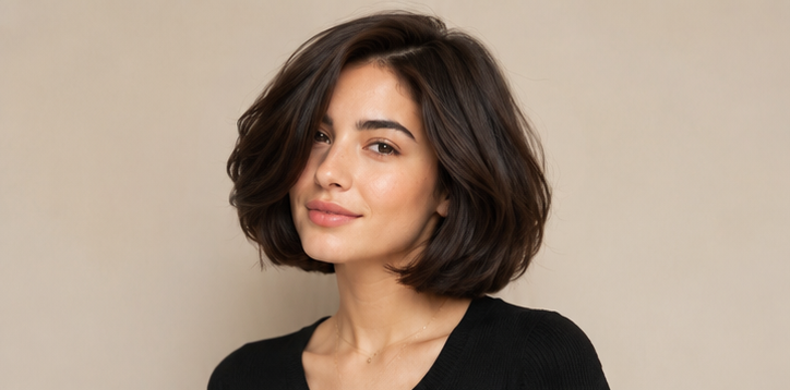 Realistic AI female image matching the italian bob for thick hair.