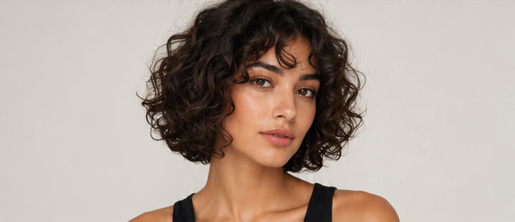 Realistic AI female image matching the italian bob for curly hair.