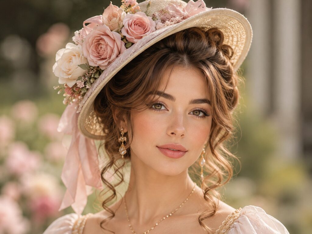 AI-generated Bridgerton hairstyle inspiration featuring soft curls with a floral hat, soft feminine styling, elegant hat detail, and a romantic vintage look.