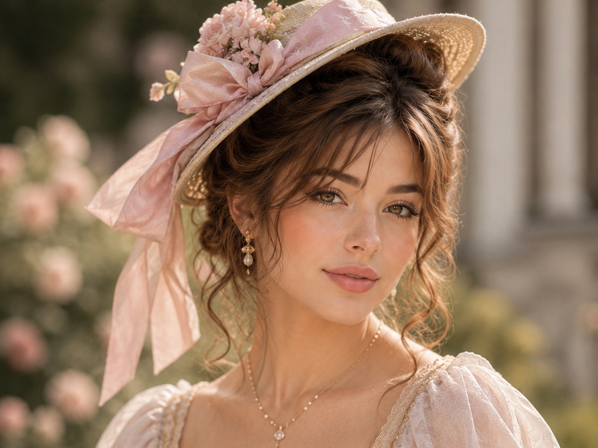 AI-generated Bridgerton hairstyle inspiration featuring romantic messy bun with a ribbon hat, soft feminine styling, elegant hat detail, and a romantic vintage look.