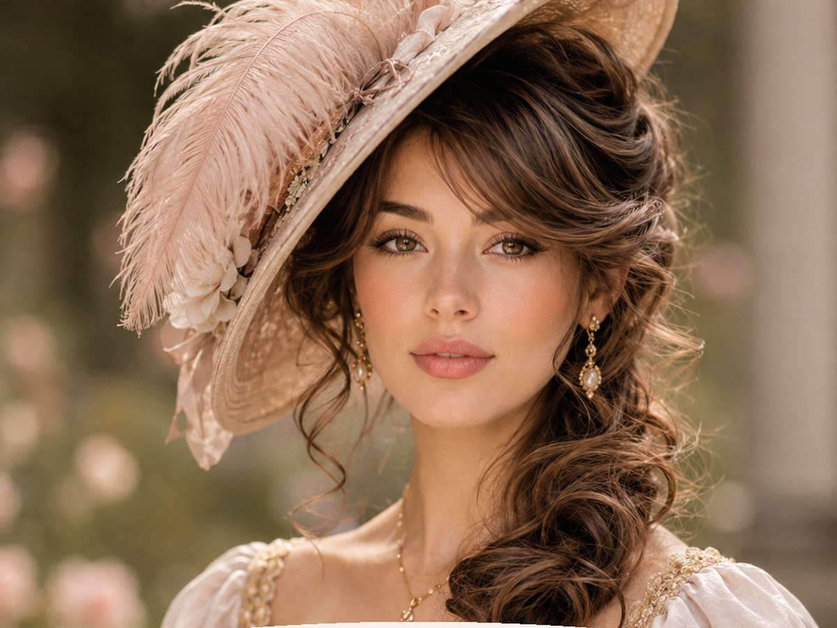 AI-generated Bridgerton hairstyle inspiration featuring high bun with a decorative hat, soft feminine styling, elegant hat detail, and a romantic vintage look.