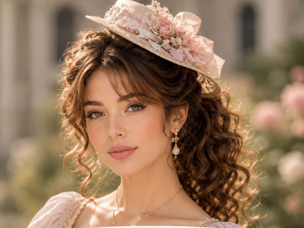 AI-generated Bridgerton hairstyle inspiration featuring long curls with a garden hat, soft feminine styling, elegant hat detail, and a romantic vintage look.