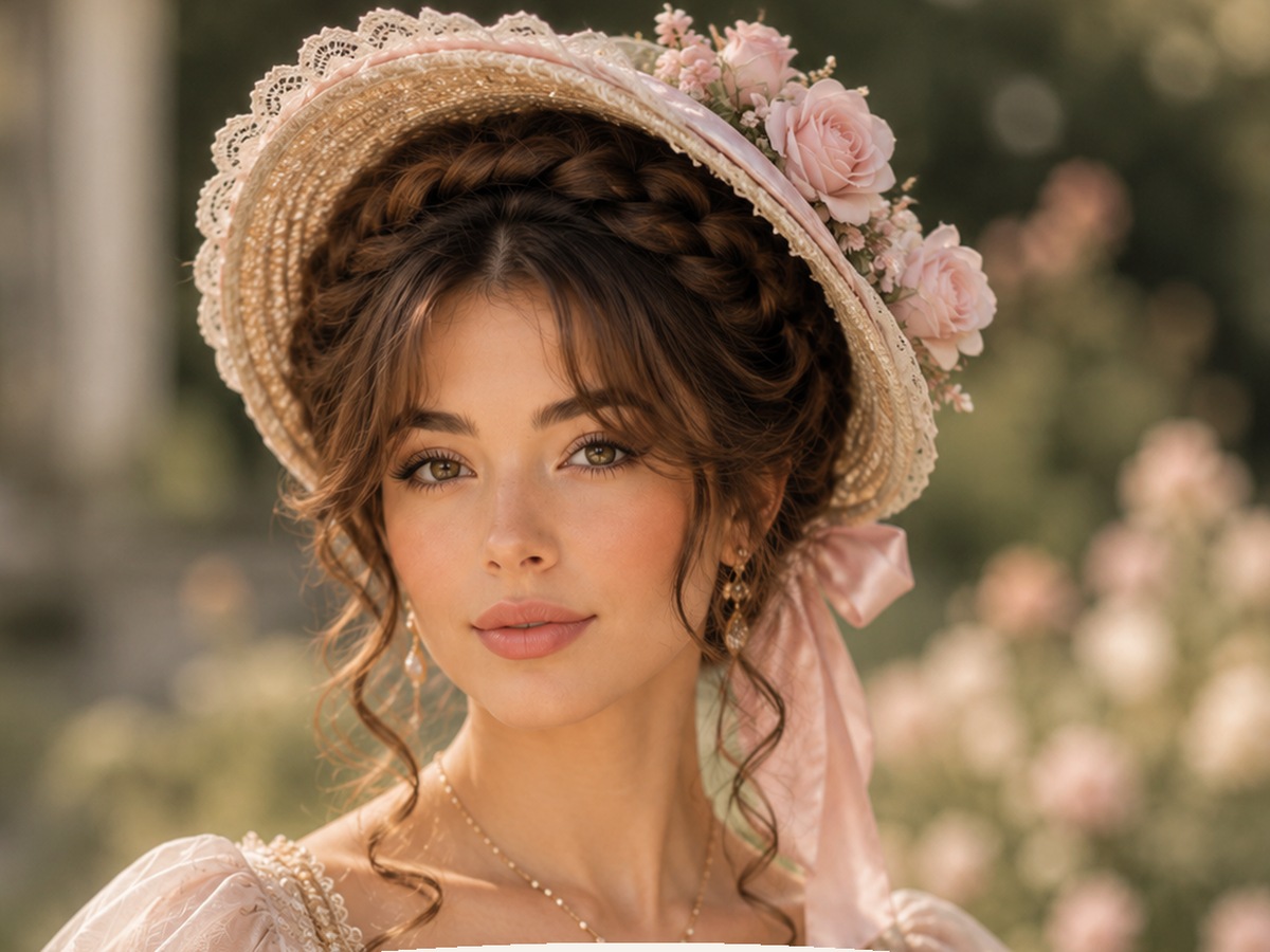 AI-generated Bridgerton hairstyle inspiration featuring elegant chignon with a fascinator, soft feminine styling, elegant hat detail, and a romantic vintage look.