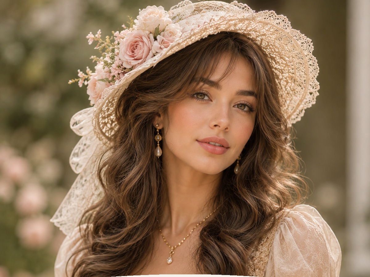 AI-generated Bridgerton hairstyle inspiration featuring curled bob with a mini hat, soft feminine styling, elegant hat detail, and a romantic vintage look.