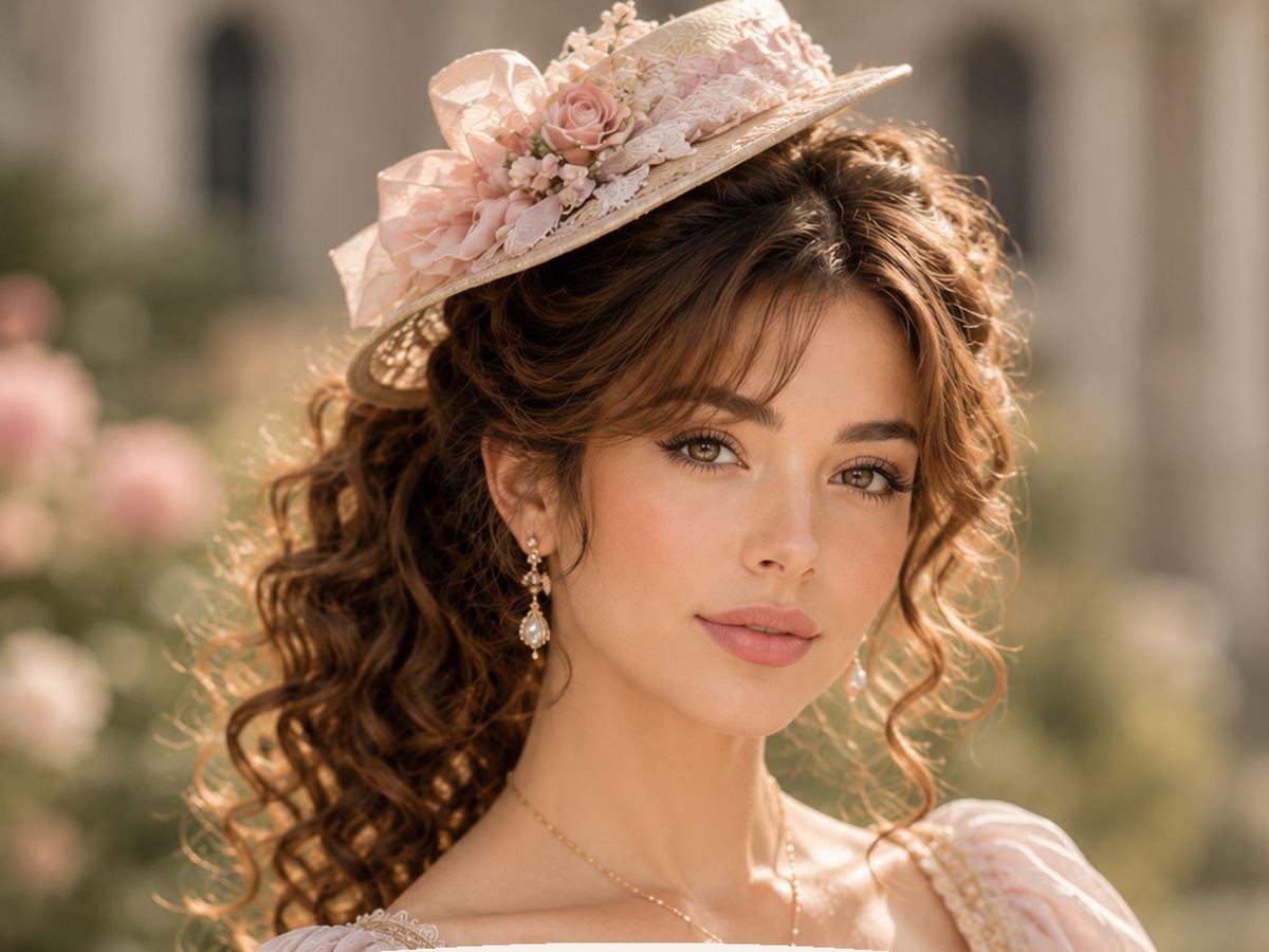 AI-generated Bridgerton hairstyle inspiration featuring loose braids with a bonnet, soft feminine styling, elegant hat detail, and a romantic vintage look.