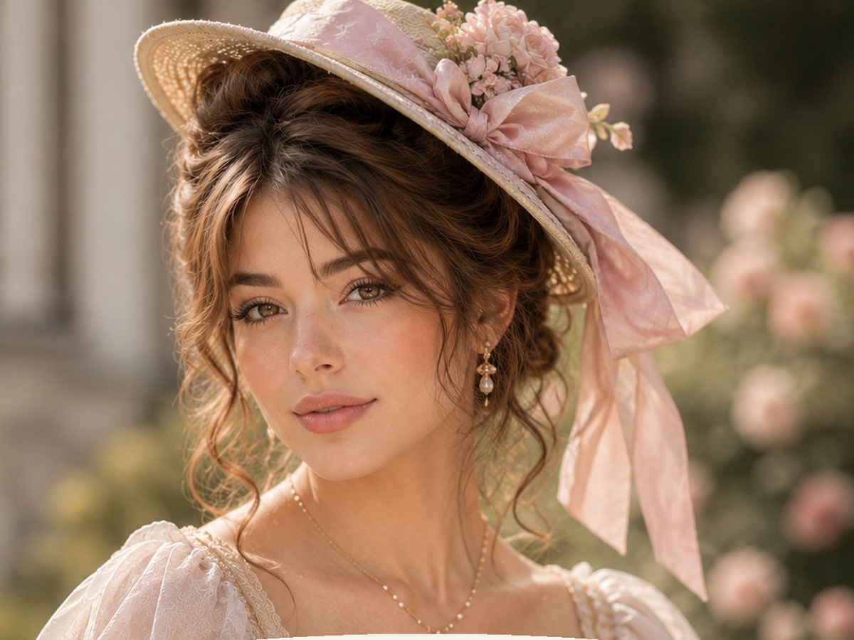 AI-generated Bridgerton hairstyle inspiration featuring voluminous curls with a feather fascinator, soft feminine styling, elegant hat detail, and a romantic vintage look.