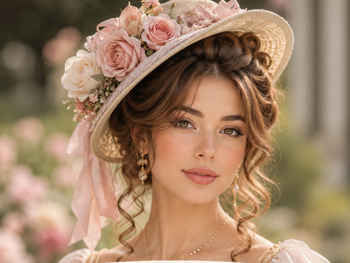 AI-generated Bridgerton hairstyle inspiration featuring curly half-up style with a floral hat, soft feminine styling, elegant hat detail, and a romantic vintage look.
