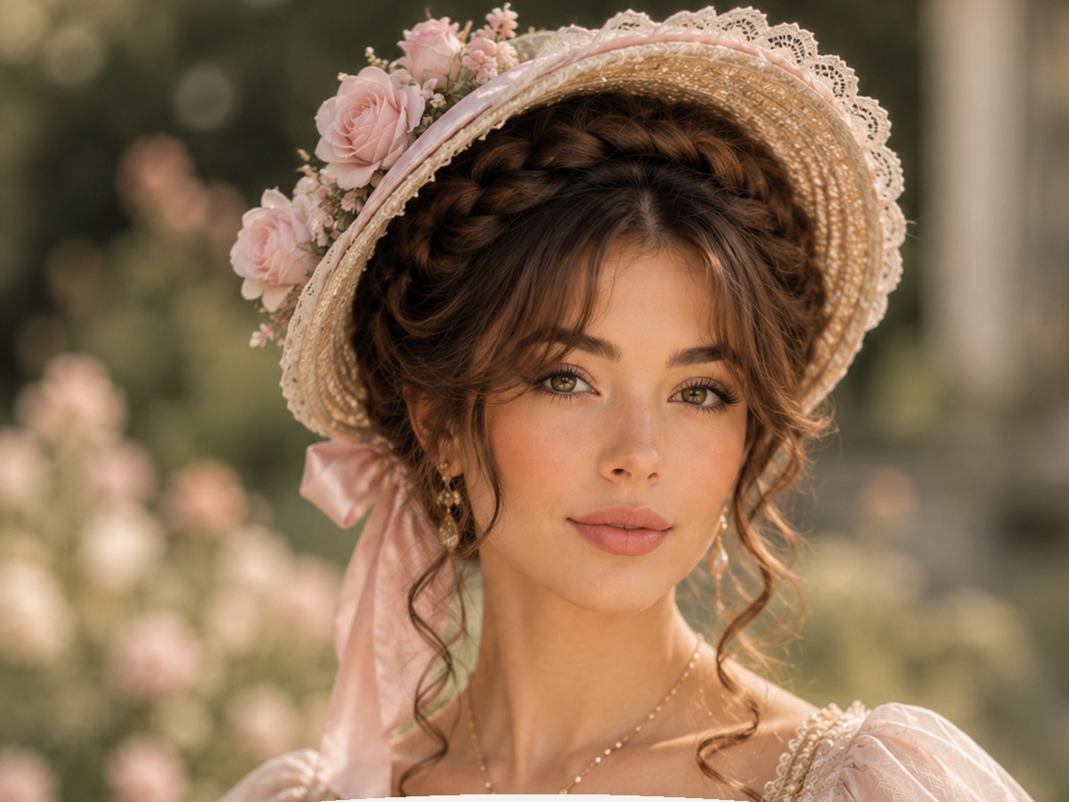 AI-generated Bridgerton hairstyle inspiration featuring vintage waves with a cloche hat, soft feminine styling, elegant hat detail, and a romantic vintage look.