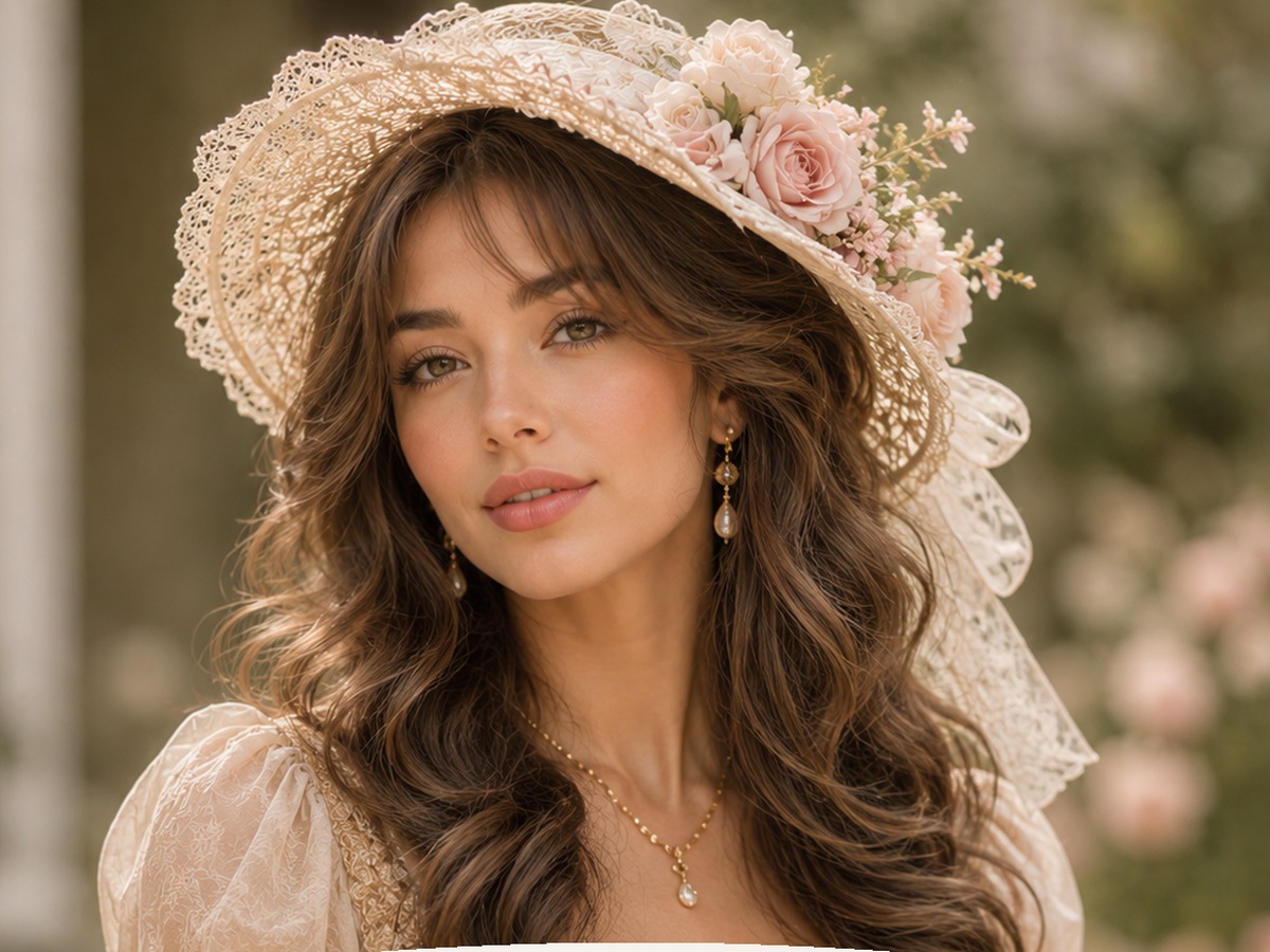 AI-generated Bridgerton hairstyle inspiration featuring braided updo with a wide hat, soft feminine styling, elegant hat detail, and a romantic vintage look.