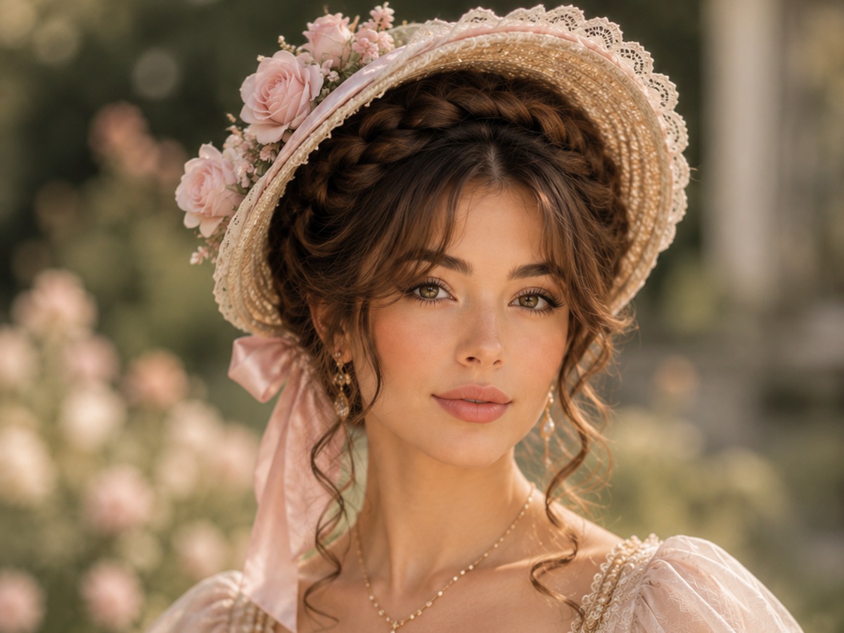 AI-generated Bridgerton hairstyle inspiration featuring braided crown with a bonnet, soft feminine styling, elegant hat detail, and a romantic vintage look.