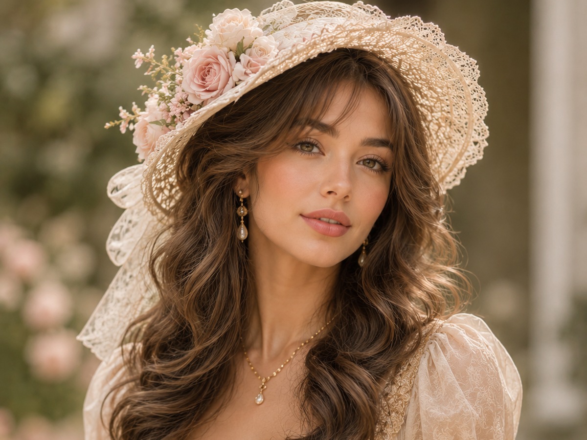 AI-generated Bridgerton hairstyle inspiration featuring loose waves with a lace hat, soft feminine styling, elegant hat detail, and a romantic vintage look.