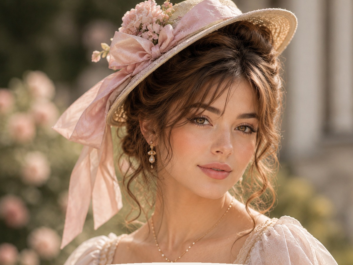 AI-generated Bridgerton hairstyle inspiration featuring pearl bun with a mini hat, soft feminine styling, elegant hat detail, and a romantic vintage look.