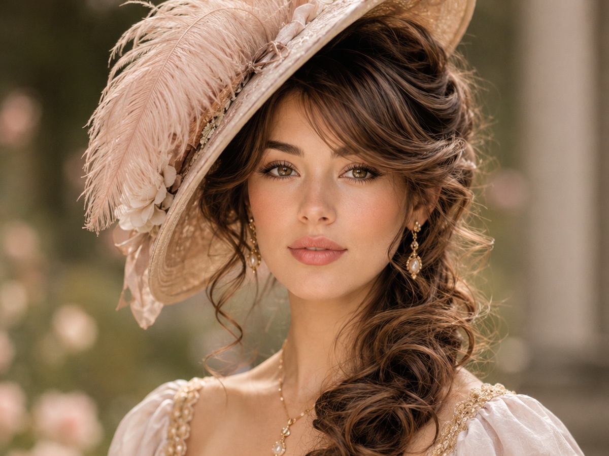 AI-generated Bridgerton hairstyle inspiration featuring side-swept curls with a feather hat, soft feminine styling, elegant hat detail, and a romantic vintage look.