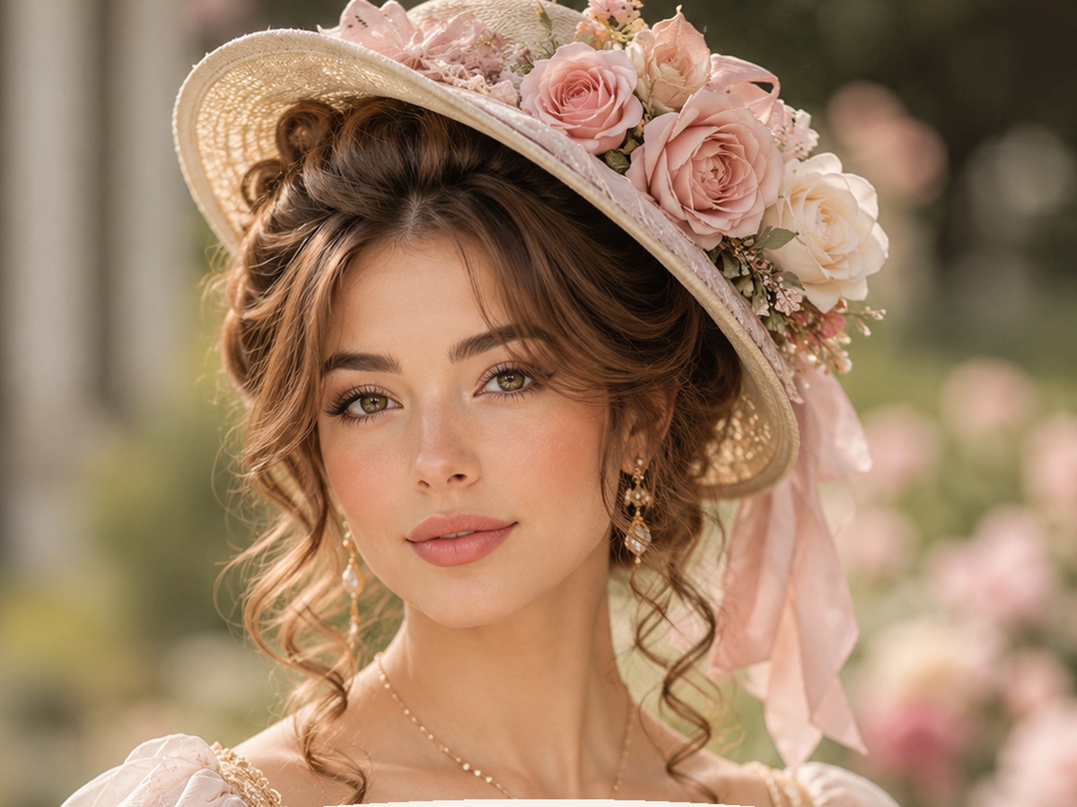 AI-generated Bridgerton hairstyle inspiration featuring twisted updo with a floral fascinator, soft feminine styling, elegant hat detail, and a romantic vintage look.