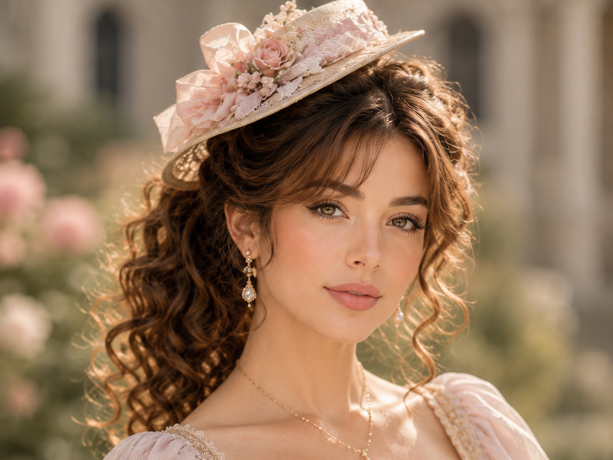 AI-generated Bridgerton hairstyle inspiration featuring curly ponytail with a small hat, soft feminine styling, elegant hat detail, and a romantic vintage look.