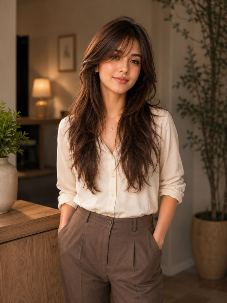 AI girl with side bangs and big blowout, shown in a full indoor portrait.
