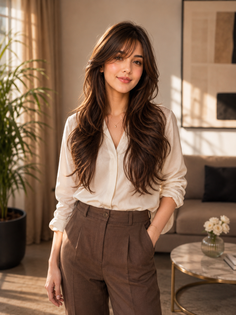 AI girl with side bangs and beach waves, shown in a full indoor portrait.